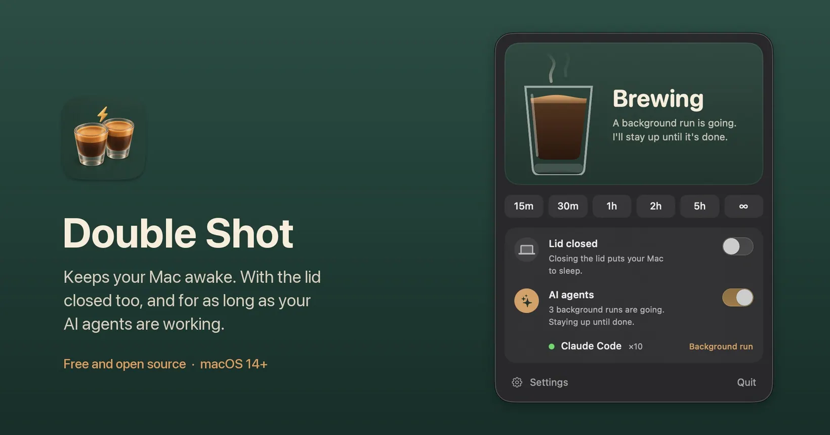 Double Shot keeps your Mac awake, with the lid closed too