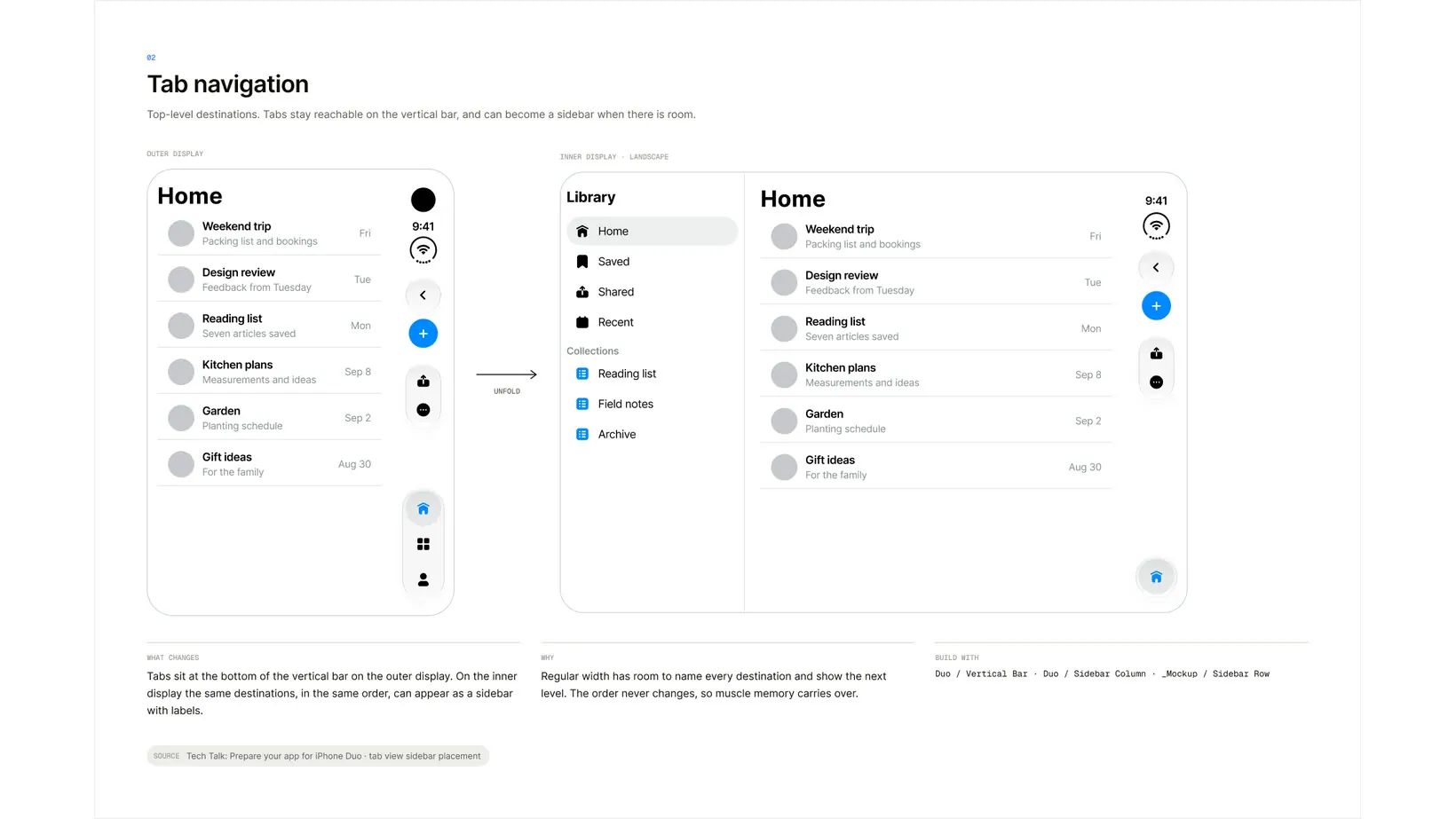 Tab navigation adapting from the outer display to a sidebar on the inner display