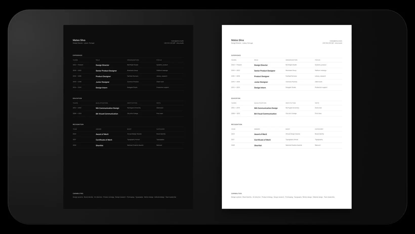 The Ledger layout in light and dark mode