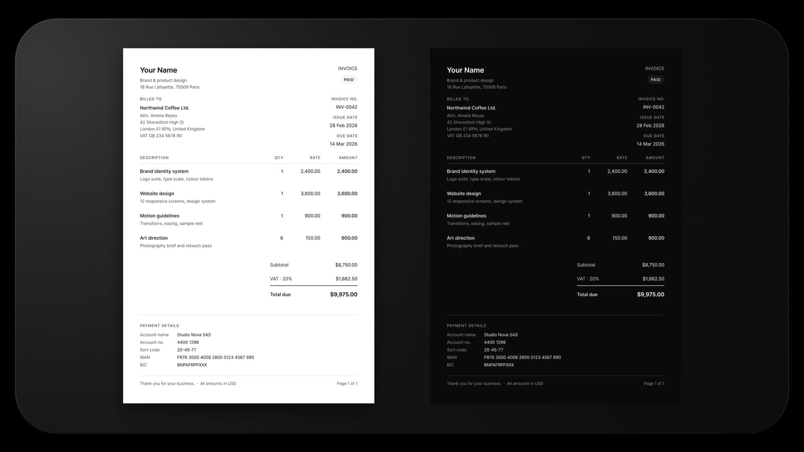 The Minimal layout in light and dark mode