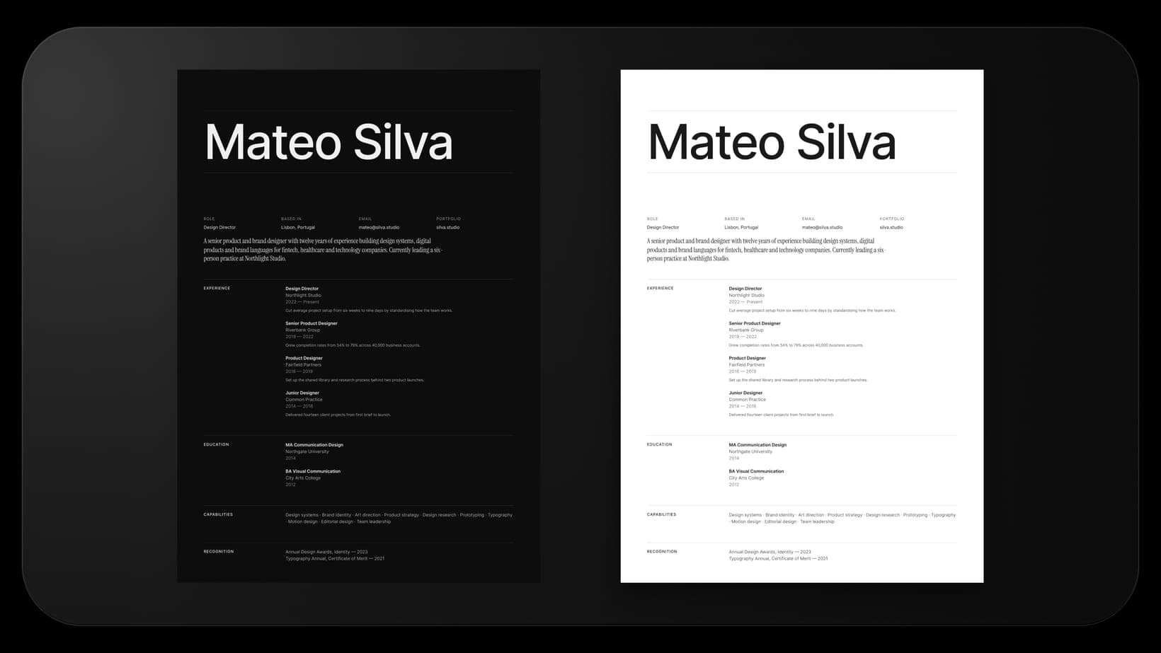 The Masthead layout in light and dark mode