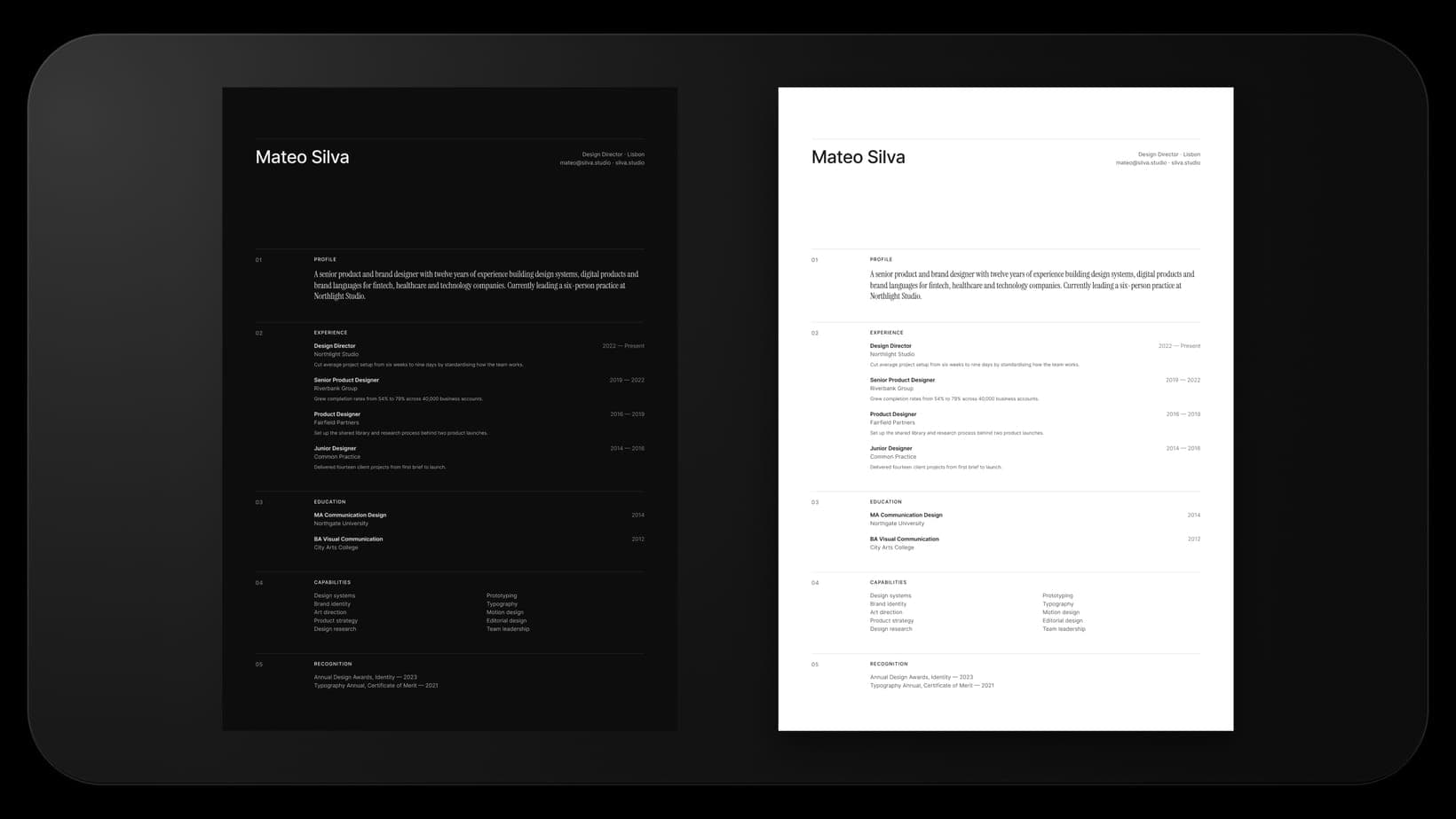 The Index layout in light and dark mode