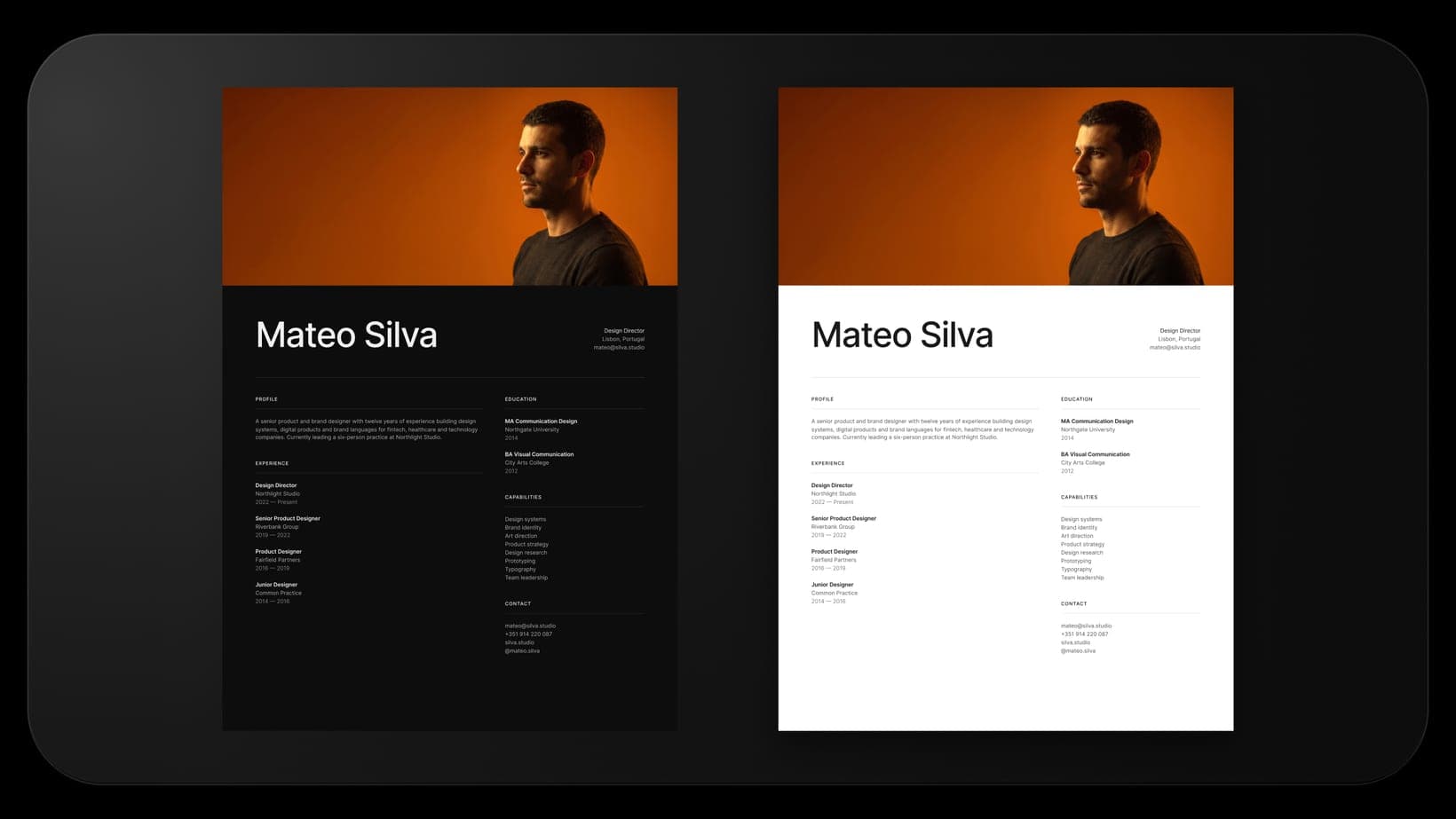 The Portrait Banner layout in light and dark mode