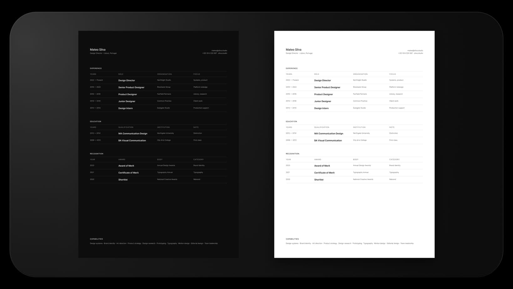 The Ledger layout in light and dark mode