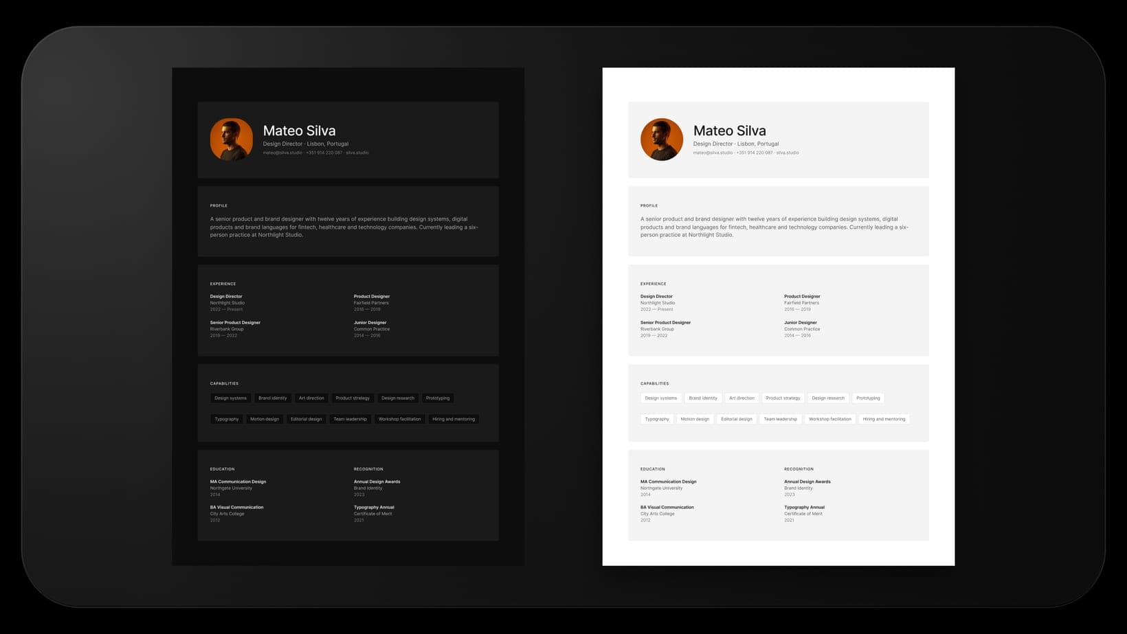 The Card Stack layout in light and dark mode