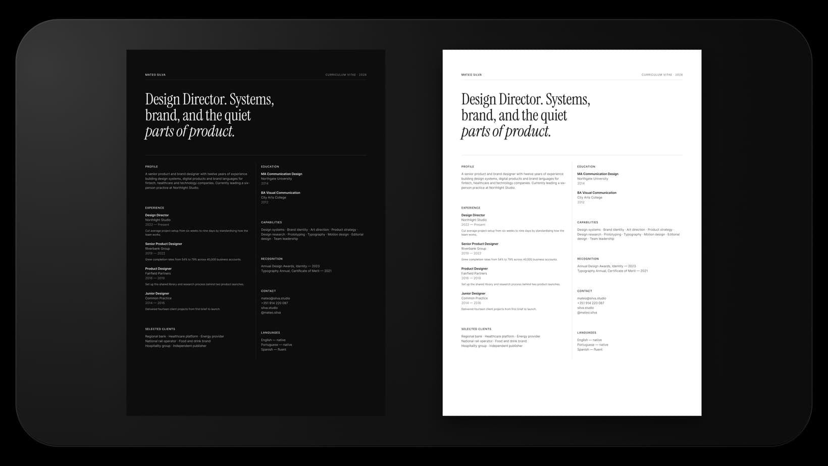 The Two-Column Editorial layout in light and dark mode