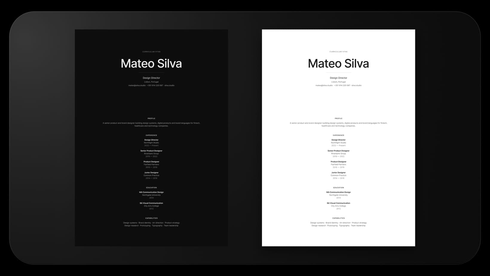 The Dossier layout in light and dark mode